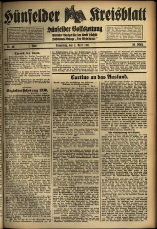 Erste Ausgabe vom Donnerstag, den 02. April 1931.
