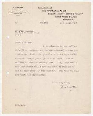 Brief von E.G. Marsden, The Information Agent London & North Eastern Railway, London an Erich Salomon