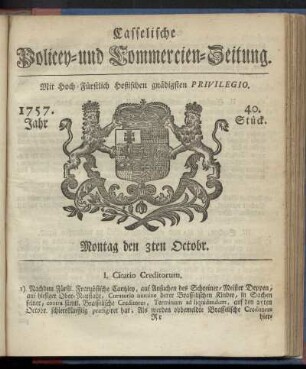 40. Stueck, Montag den 3ten Octobr. 1757