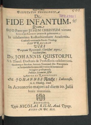 [...] Disputatio Theologica De Fide Infantum