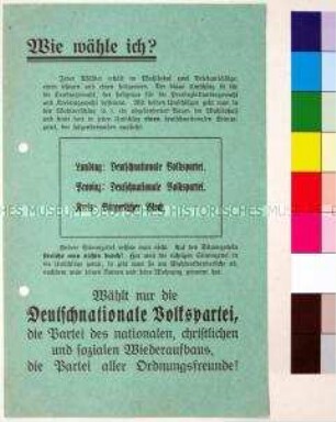 Informationsblatt über Wahlablauf, Aussehen und Aufbau des Stimmzettels - Wahlwerbung der Deutschnationalen Volkspartei