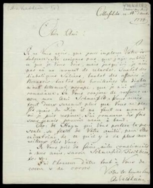 Brief von August Ferdinand von Veltheim an Rudolf Erich Raspe