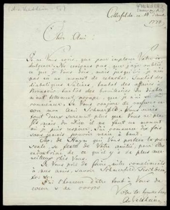 Brief von August Ferdinand von Veltheim an Rudolf Erich Raspe