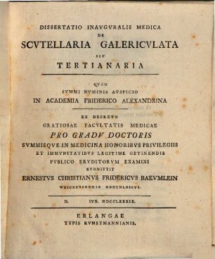 Dissertatio inavgvralis medica de scvtellaria galericvlata sev tertianaria