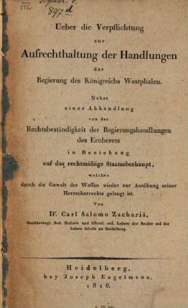 Über die Verpflichtung zur Aufrechthaltung der Handlungen der Regierung des Königreichs Westphalen