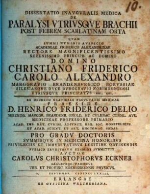 Dissertatio Inavgvralis Medica De Paralysi Vtrivsqve Brachii Post Febrem Scarlatinam Orta
