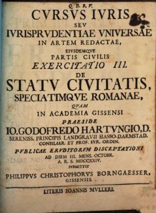 Cvrsvs ivris, sev ivrisprvdentiae vniversae in artem redactae, eivsdemqve partis civilis exercitatio, 3. De statu civitatis, speciatimque Romanae