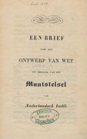 Een brief over het ontwerp van wet tot regeling van het muntstelsel van Nederlandsch Indië