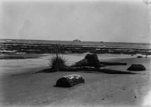 Strandansicht : Ebbe an einem Strand bei Bata. im Hintergrund ist ein Frachtdampfer zu erkennen.