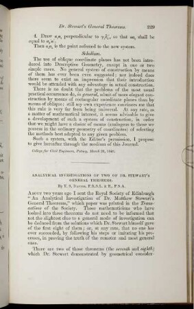 Analytical inverstigations of two of Dr. Stewart´s.