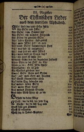 III. Register Der Ehstnischen Lieder nach dem teutschen Alphabeth