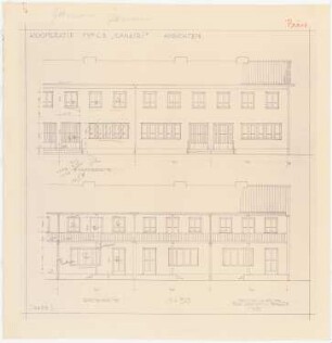 Gesamtbebauungsplan Ankara Ankara Kooperatifi. Haustypen: (Lichtpause von Inv.Nr. 23259): Typ C3, CANKIRI, Reihenhaus 3 Zimmer, Rückansicht, Vorderansicht 1:50
