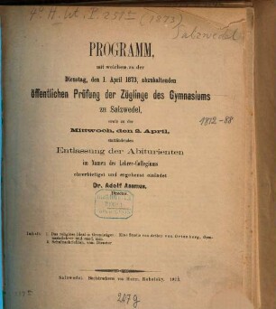 Jahresbericht : Ostern .... 1873