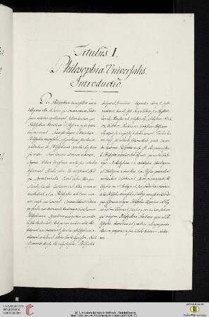 Einleitung zum ersten Titulus (der Classis II Philosophica): Philosophia Universalis