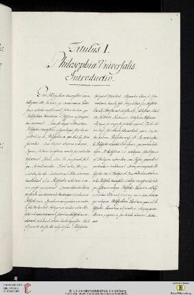 Einleitung zum ersten Titulus (der Classis II Philosophica): Philosophia Universalis
