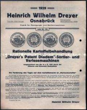 Rationelle Kartoffelbehandlung durch "Dreyer's Patent Diadem"-Sortier- und Verlesemaschinen