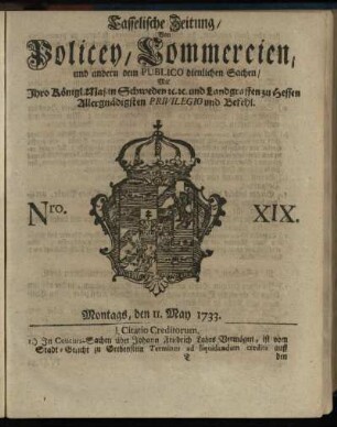 Nro. XIX, Montags, den 11. May 1733