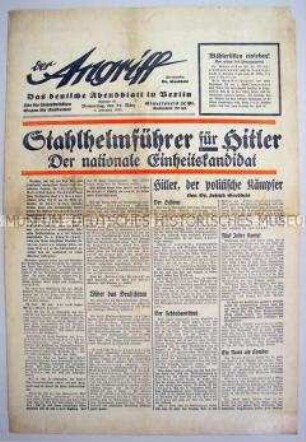 Berliner NS-Tageszeitung "Der Angriff" zum Bekenntnis der Stahlhelm-Führung für Hitler