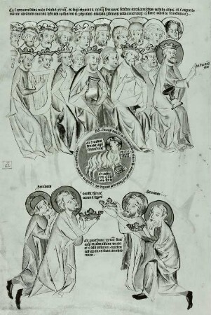 Christus vertreibt die Wechsler aus dem Tempel. Judas Makkabäus reinigt den Tempel : 13. Christus vertreibt die Wechsler aus dem Tempel. 13b. Judas Makkabäus reinigt den Tempel (Anbetung des Lammes, die vierundzwanzig Ältesten). Illustration zu "Biblia pauperum und Apokalypsis", fol. 13v. Feder, koloriert, Pergament, 48,0 x 33,0 cm. Erfurt, um 1350. Klassik Stiftung Weimar, Herzogin Anna Amalia Bibliothek Fol.max.4