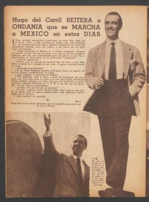 Hugo del Carril reitera a Ondania que se marcha a México en estos días