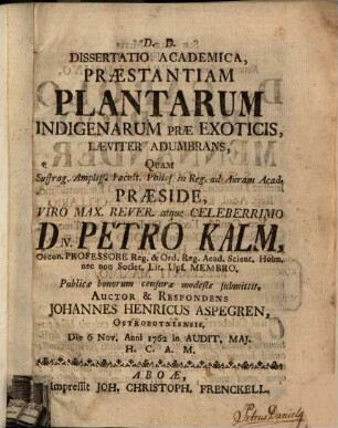 Diss. praestantiam plantarum indigenarum prae exoticis laeviter adumbrans