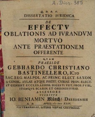 Dissertatio iuridica de effectu oblationis ad iurandum mortuo ante praestationem offerente