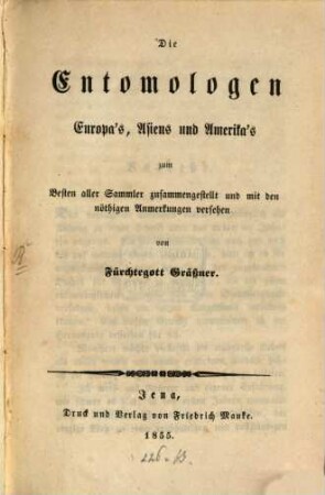 Die Entomologen Europa's, Asiens und Amerika's