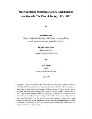 Macroeconomic Instability, Capital Accumulation and Growth : The Case of Turkey 1963-1999