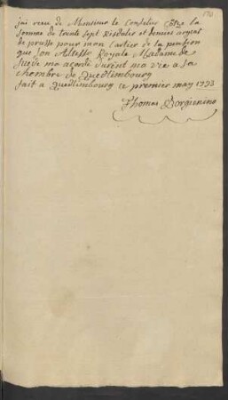 jai recu de Monsieur le Conselier Götze la Somme de trente Sept Risdaler et demies argent de prusse pour mon Cartier de la pension ... Quedlinburg le premier may 1793