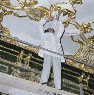 Würzburg. Aufbringen der Lasur auf die fertig restaurierte Wandbemalung