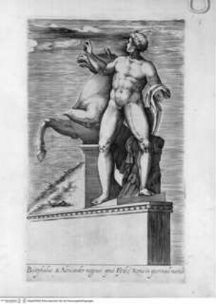 Antiquarum statuarum urbis Romae, quae in publicis privatisque locis visuntur, icones. Romae. Ex typis Laurentii Vaccarii... MDLXXXIIII., Tafel [9]: Bucephalus & Alexander magnus opus Fydie Romae in quirinali monte