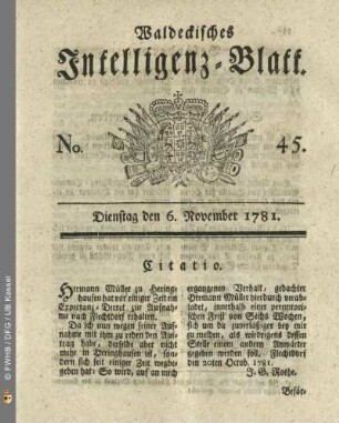No. 45, Dienstag den 6. November 1781