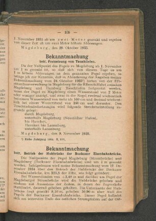 Bekanntmachung betr. Betrieb der Hubbrücke der Buckauer Eisenbahnbrücke.