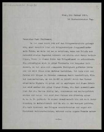 Briefe von Alard Du Bois-Reymond an Karl Schwarzschild, Kiel, 14.1.1915 - 7.3.1915
