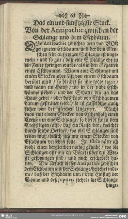 Das ein und fünfftzigste Stuck. Von der Antipathie zwischen der Schlange und dem Eschbaum