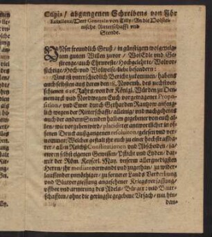 Copia, abganenen Schreibens von Ihr Excellenz, Herr Generaln von Tilly, an die Holsteinnische Ritterschafft und Stende