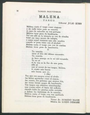 Malena : Tango. Editorial Julio Korn