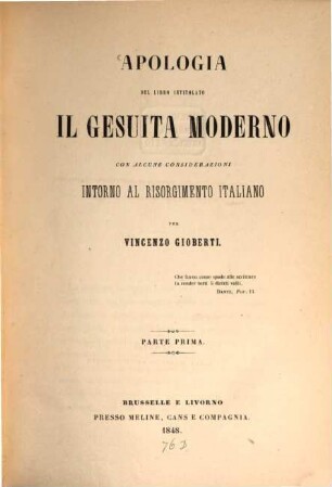 Apologia del libro intitolato il Gesuita moderno con alcune considerazioni intorno al Risorgimento Italiano : P. 1