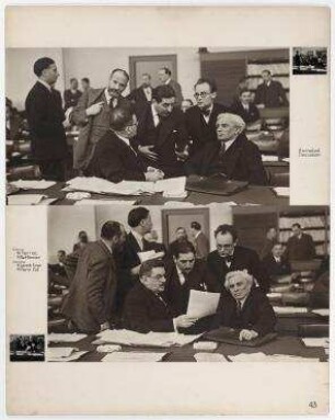 Die französische Delegation in der Sitzungspause während der Lausanner Konferenz. von links sitzend: Édouard Herriot, Joseph Paul-Boncour, stehend hinter Édouard Herriot: René Cassin