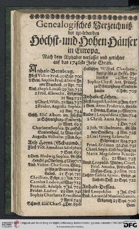 Genealogisches Verzeichniß der itzt-lebenden Höchst- und Hohen Häuser in Europa