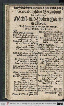 Genealogisches Verzeichniß der itzt-lebenden Höchst- und Hohen Häuser in Europa