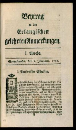 I. Woche (1. Januarii 1752)-LII. Woche (23. December 1752): Beytrag zu den Erlangischen gelehrten Anmerkungen