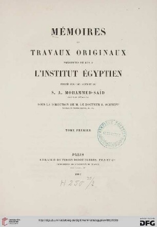 1: Mémoires présentés à l'Institut Egyptien