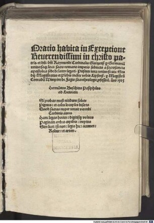 Oratio habita in Exceptione Reuerendissimi in Christo patris ... D. Raymundi Cardinalis Gurtzensis per Germaniam ... legati