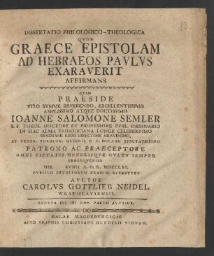 Dissertatio Philologico-Theologica Quod Graece Epistolam Ad Hebraeos Paulus Exaraverit Affirmans