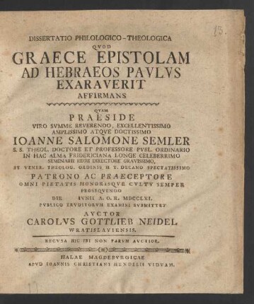 Dissertatio Philologico-Theologica Quod Graece Epistolam Ad Hebraeos Paulus Exaraverit Affirmans
