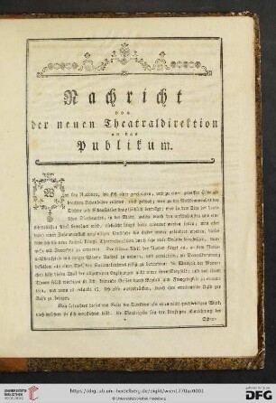 Nachricht von der neuen Theatraldirektion an das Publikum : [Wien den 14. August. 1770]