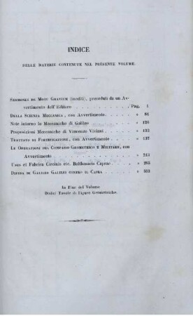 Indice delle materie contenute nel presénte volume.