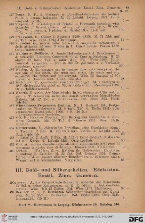 III. Gold- und Silberarbeiten. Edelsteine. Email. Zinn. Gemmen (Nr. 490a-548)