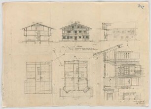 Thiersch, August ; Schliersee (Bayern); Wohnhaus Guggenbichler - Grundrisse, Ansicht, Teilansicht, Schnitte